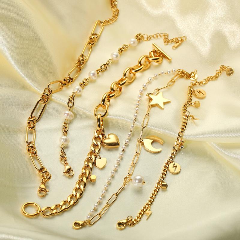 Unique Fashion Simple Bracelet Lightning Pearl Moon Cross Chain 18K Gold Stainless Steel Bracelet High-end Jewelry Really Good 1
