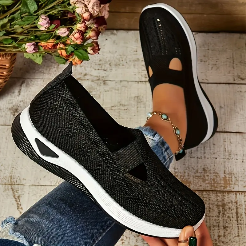 Women's Ultra-Breathable Knit Sneakers - Easy Slip-On, Lightweight & Comfortable Flat Shoes with Cut-Out Design All-Day Wear - Perfect Outdoor Walks and Casual Strolls, Cute Shoes 2