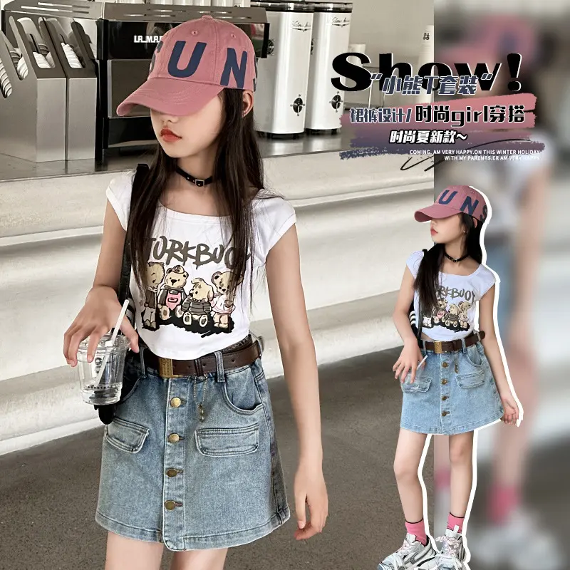 Bộ Quần Áo Trẻ Em, Áo Ngắn Tay, Váy Denim, Cho Bé Gái, Mùa Hè 2024 Mới, Phong Cách Người Nổi Tiếng Trên Internet, Váy Trẻ Em Lớn, Hai Mảnh, 0520 1