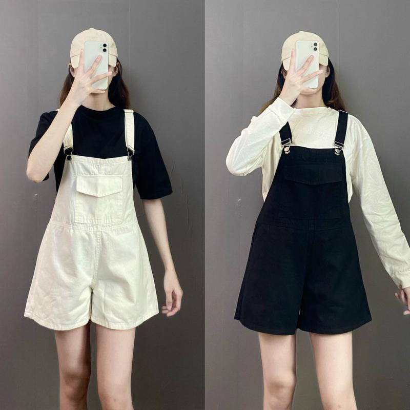 Yếm Kaky 2 dây Nữ, Quần yếm kaki đùi dáng rộng, Phong cách dễ thương Hàn Quốc