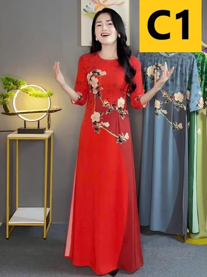 Áo Dài KHÔNG QUẦN, Lụa Nhật, in 3D,  không nhăn, mềm mịn, thoáng mát, vừa tôn dáng vừa mang lại cảm giác thoải mái cho chị em Dress Đỏ Voi