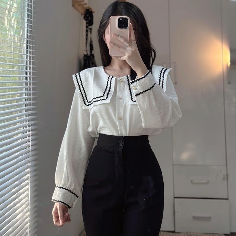 Áo babydoll tay dài , áo kiểu tiểu thư viền bèo ,áo kiểu sơ mi tay phồng ulzzang PLA131