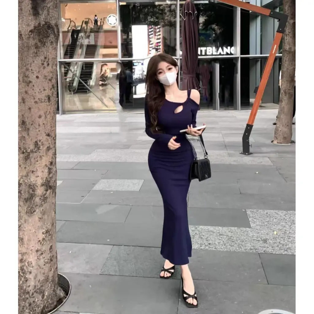 slim fit dress slacks Korean Style] A-line Long Sleeve Knitted One Piece Black Dress – Ordicle main image 0