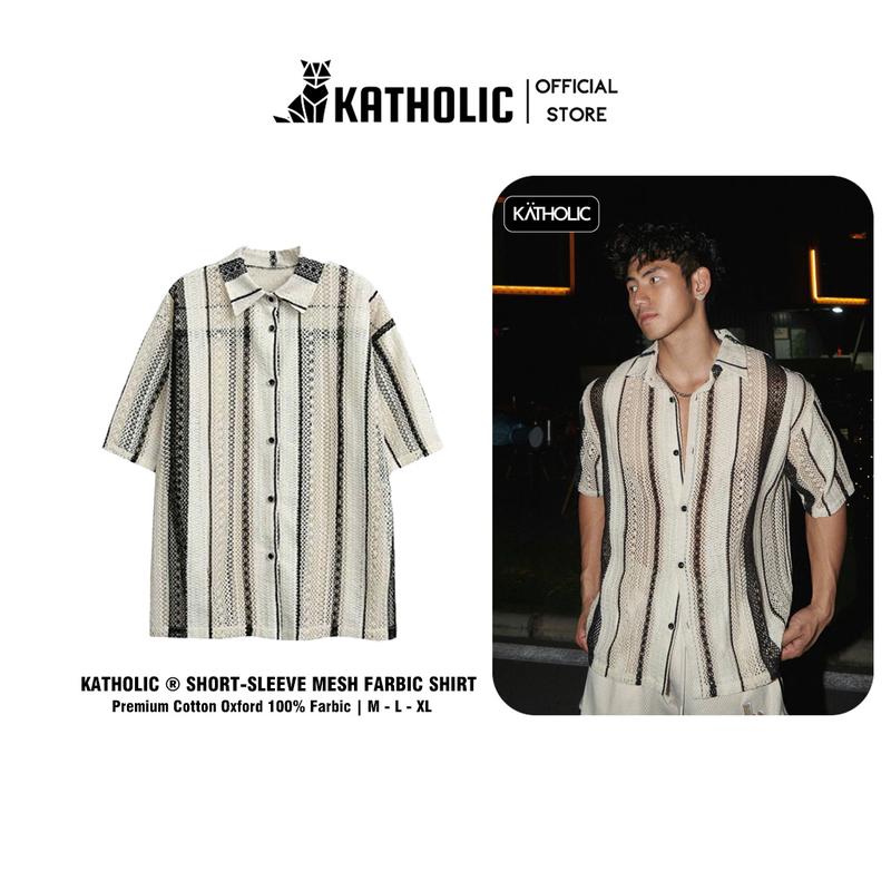 Áo Sơ Mi Tay Ngắn Nam Nữ Kẻ Sọc Hoạ Tiết Đan Lưới Hàn Quốc Local Brand KATHOLIC KAT029 Menswear