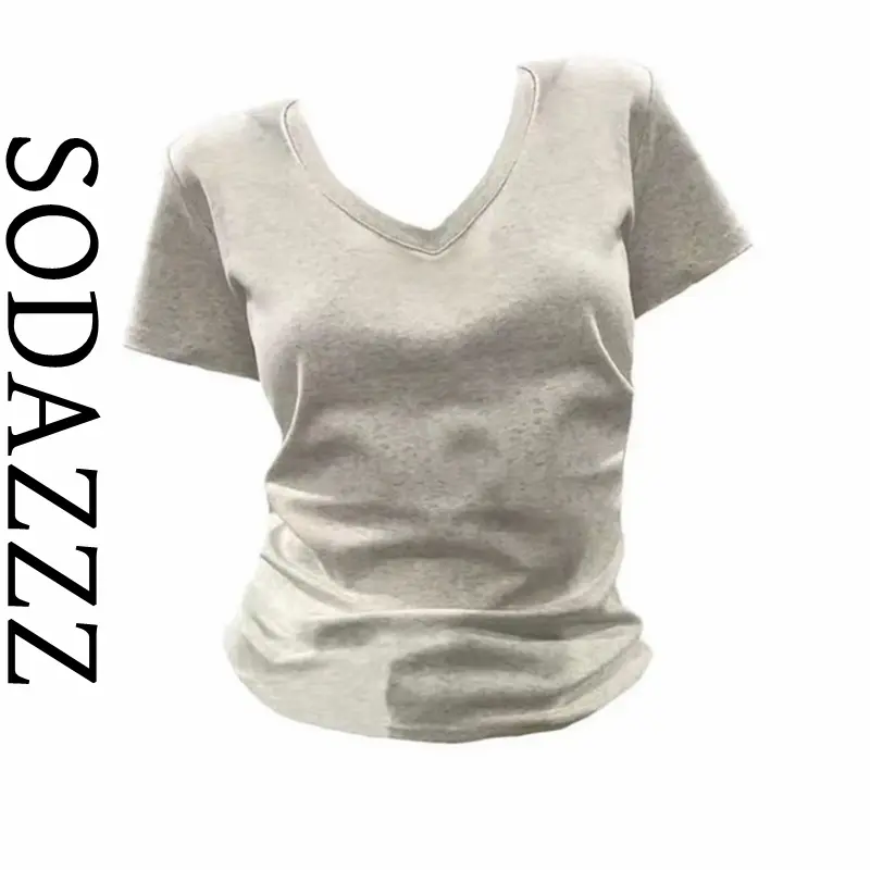 Áo Thun Cotton Phong Cách Mỹ Ngắn Tay Cổ Chữ V Vai, Dành Cho Nữ Mùa Hè Mới, Mỏng Vừa Vặn, Cô Gái Nóng Bỏng Dễ Phối Đồ Thiết Kế Bó Sát Áo Độc Đáo, Xu Hướng 2024