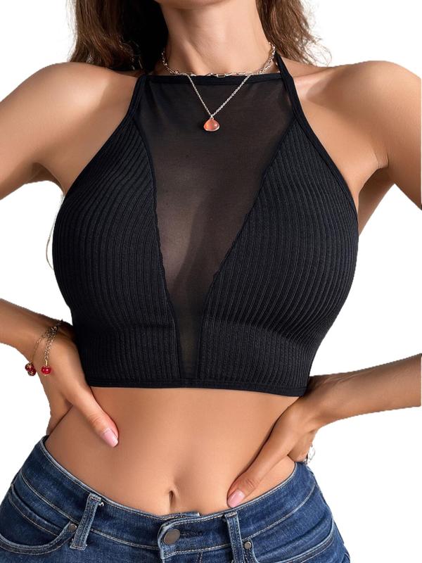 Women's Plain Criss Cross Contrast Mesh Sheer Sexy Lingerie Top, Casual Soft Breathable Sleeveless Crop Cami Top for Summer, Fashion Women's Lingerie for Daily Wear 0