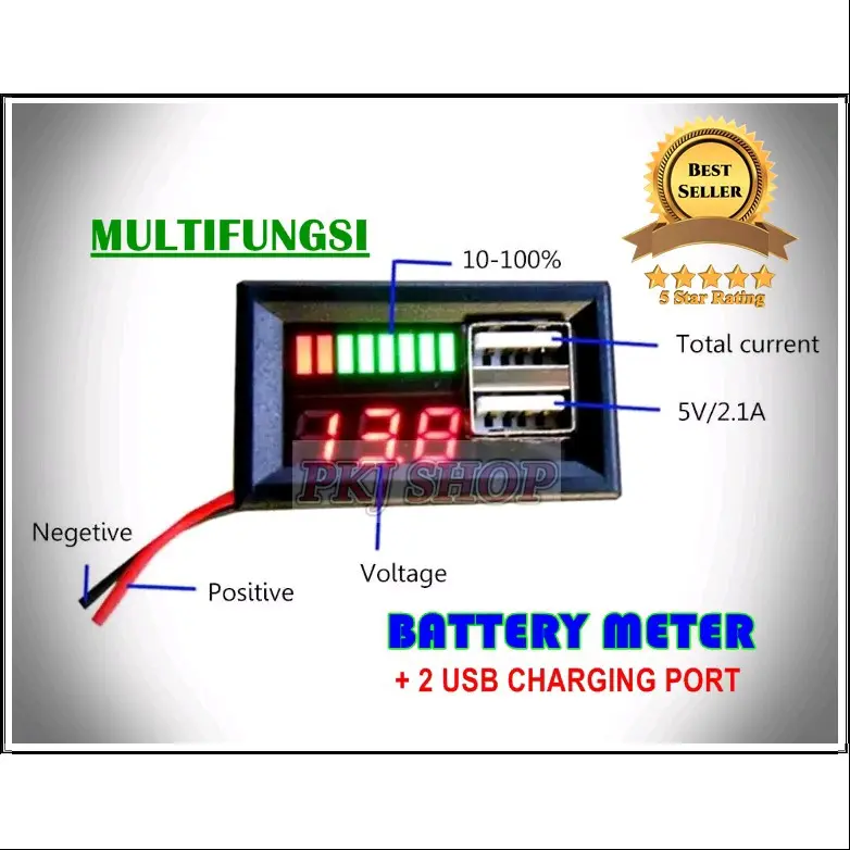 3in1 Battery Meter + 2 USB Port Baterai Aki 12v Mobil Motor Charger HP