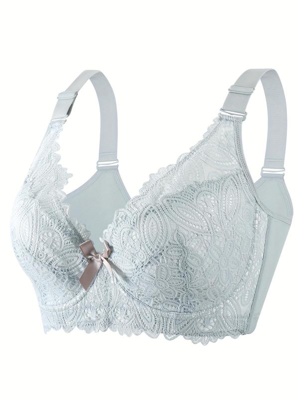 Plus Solid Bow Decor Underwire Lace Bra, Elegant Comfortable Breathable Adjustable Strap Push Up Bra for Daily Wear, Women's Lingerie for All Seasons 4