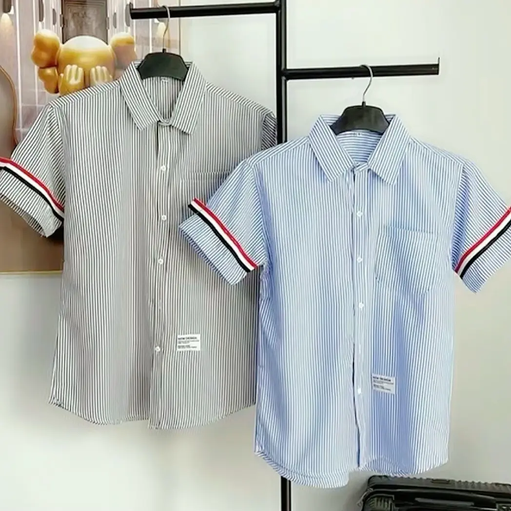 Áo Sơ Mi Tay Ngắn Vải Lụa Hàn Thêu vạch Áo Đôi  nam nữ Form Chuẩn ST MEN STORE Menswear Có Cổ Shirt