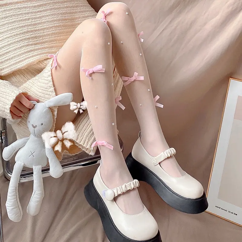 Quần Tất Nơ Ngọc Trai Jk Nhật Bản, Tất Lụa Trắng Ngọc Trai Thắt Nơ, Quần Bó Lolita Màu Hồng Cho Nữ, Định Hình, Siêu Mỏng, Chống Móc, Áo Liền Quần Lụa Lolita 5