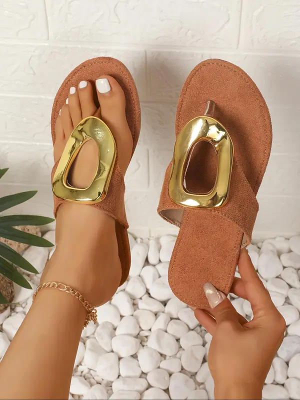 Women's Fashionable Metal Decorated Slides, Casual Comfortable Flat Sandals for Summer, Lightweight Breathable Shoes for Daily Wear, Girl 4