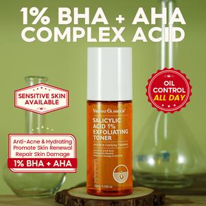 Salicylic Acid Exfoliating Toner AHA+BHA 1% Deep Cleansing | Hydrating | Oil Control & Helps reduce acne appearance VIBRANT GLAMOUR Brightening Suitable for Oily & Acne-Prone Skin Revitalize & Purify Skin 100ml Aloe Cleanser