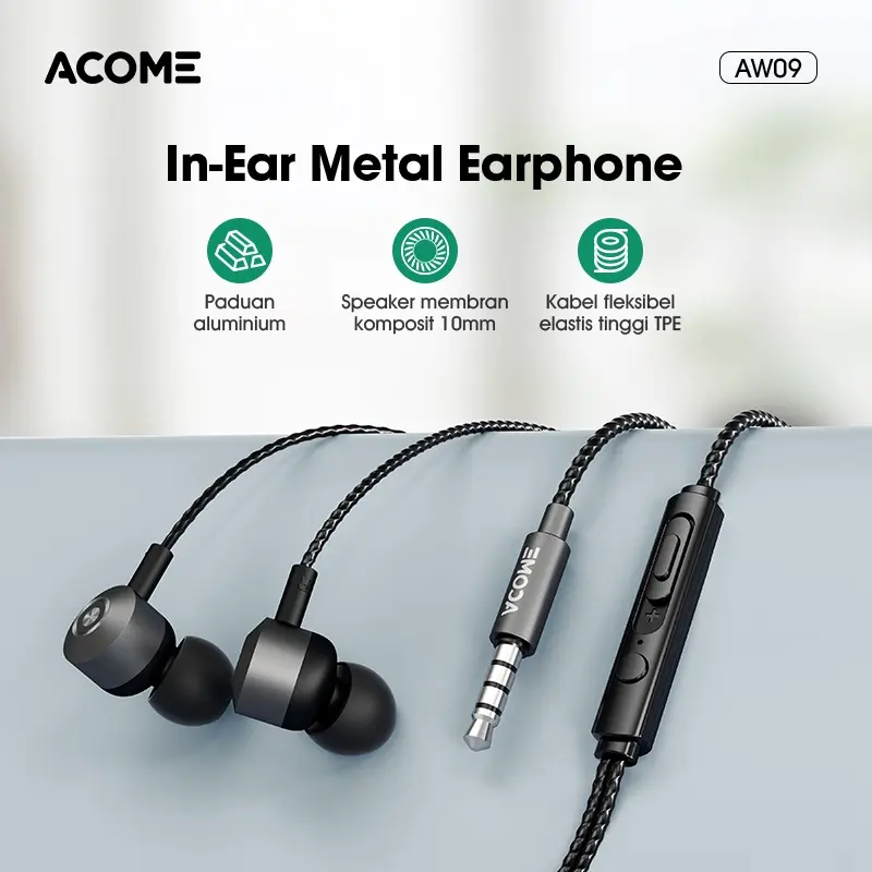 ACOME AW09 Wired In Ear Metal Earphone / Headset Strong Material Aluminium Material Membran HD 10mm Original - Garansi Resmi 1 Tahun 1