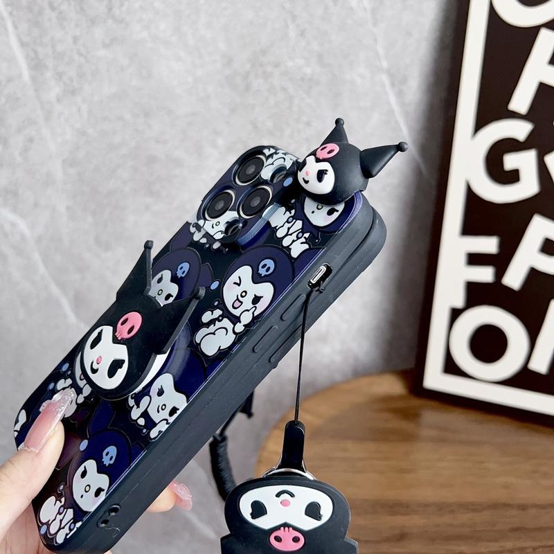Product Introduction of 3D Cartoon Kuromi Toy With Lanyard Phone Holder Case For iPhone 16 15 14 13 12 11 Pro Max Plus Casing Soft Silicone Strap Rope Cover 17