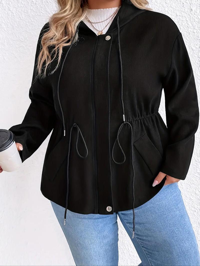 Product Introduction of Plus Solid Drawstring Button Front Zip Up Hooded Jacket, Fashion Casual Pocket Drop Shoulder Outerwear for Daily Wear, Women Plus Clothing for Spring Fall 4