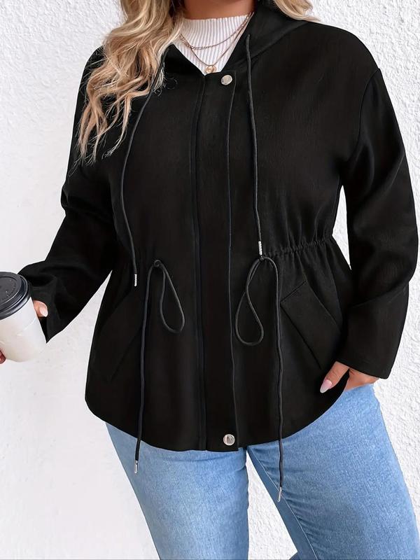 Plus Solid Drawstring Button Front Zip Up Hooded Jacket, Fashion Casual Pocket Drop Shoulder Outerwear for Daily Wear, Women Plus Clothing for Spring Fall 3