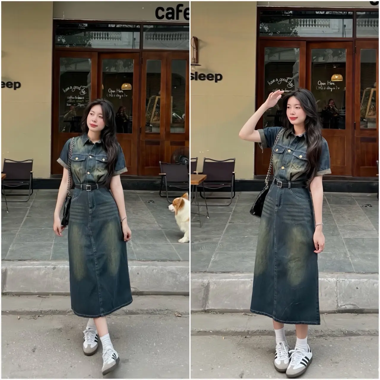 SÉT VÁY JEAN DÁNG DÀI CỔ SƠ MI THANH LỊCH TẶNG KÈM DÂY NỊT (HÌNH SHOP CHỤP Ở CUỐI + MÀU ĐẬM HƠN ẢNH THẬT MỘT ÍT) - JD1