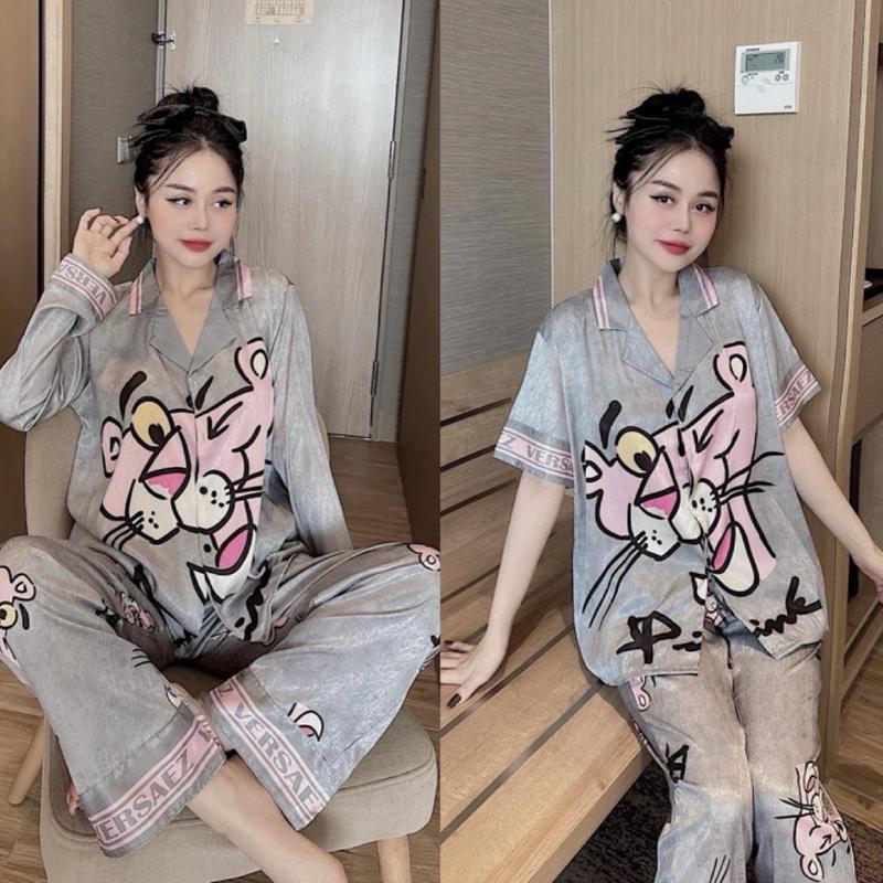 (Size 40-60kg và 60-80kg) Đồ Bộ Nữ, Chất Vải Lụa Xước Mềm, Thoáng Mát, Tay Dài Tay Ngắn Quần Dài, In Họa Tiết Báo Hồng Nền Xám Bạc Dài Tay Nhung Voi