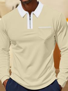 Men's Regular Fit Solid Zipper Polo Shirt, Casual Long Sleeve Collared Top for Spring & Fall, Fashion Men's Clothes for Daily Wear, Beige