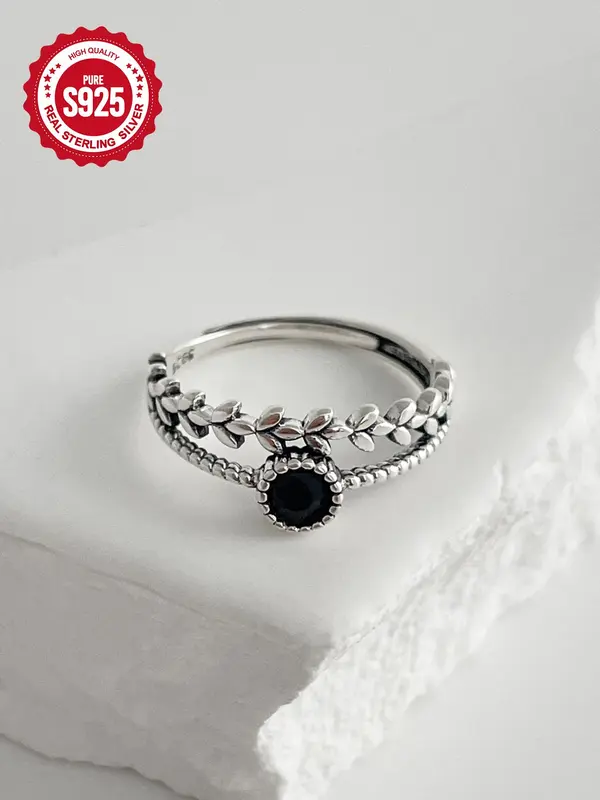 S925 Sterling Silver Fashionable Black Zirconia Decorated Ring, Fashion Jewelry for Party, Daily Clothing Decor, Trendy Exquisite Jewelry for Birthday Gift Silver Jewelry 0
