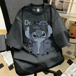 Kaos Lengan Pendek Gaya Jepang 100% Katun Dengan Motif Kartun Lucu Stitch, Atasan Longgar Ukuran Besar, Unisex