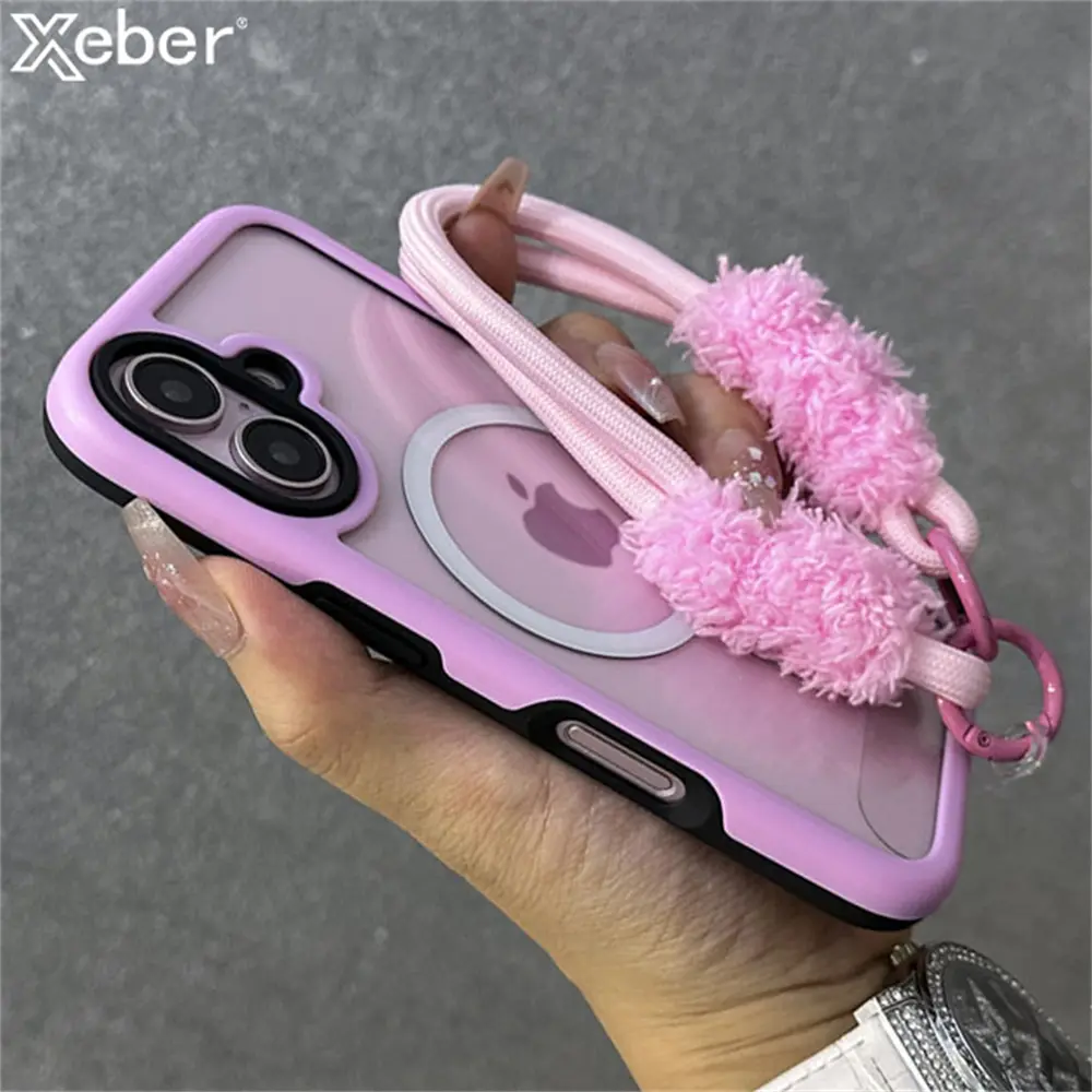 Candy Color Frame Magnetic For Magsafe Wireless Charging Wrist Strap Case For iPhone 16 13 14 15 Pro Max Plus Hard Clear Cover
