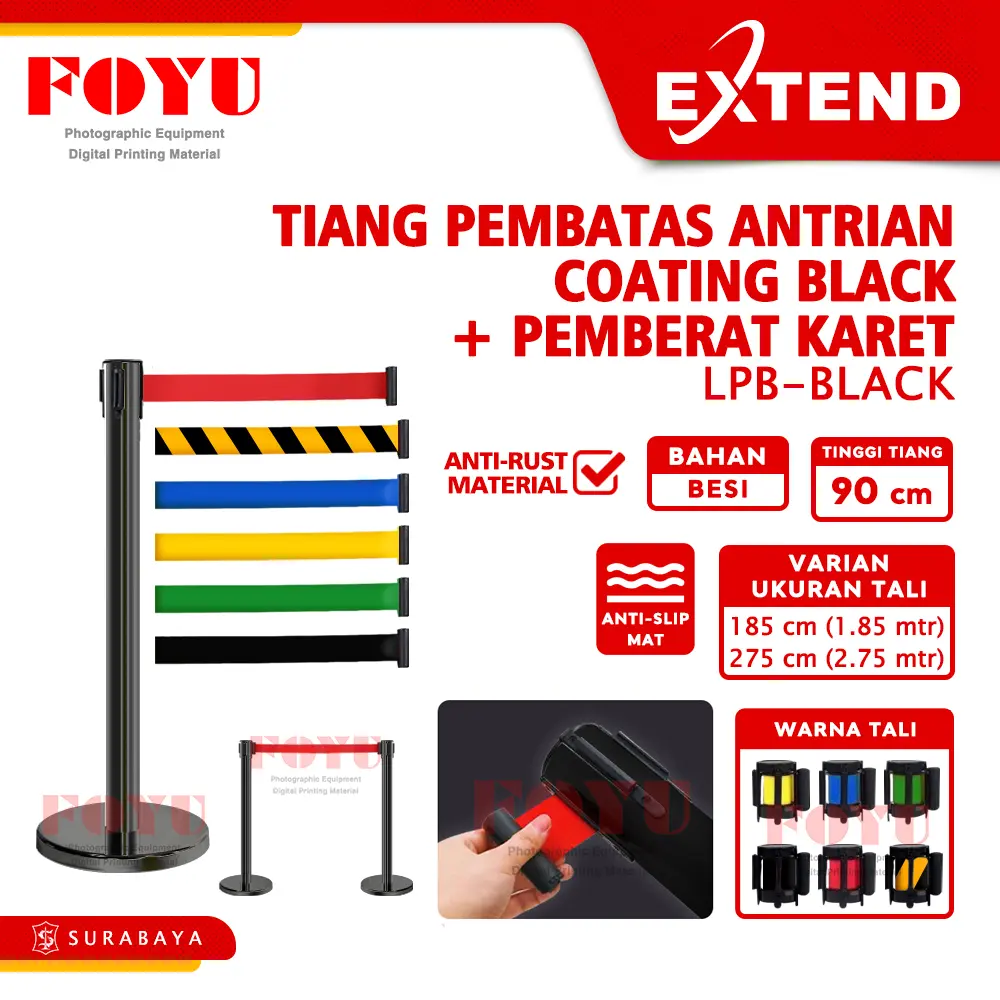 Tiang Pembatas Antrian Antrean Pita Coating Black Stainless Hitam Besi Queue Line Pole Railing Stand 2 3 meter Extend LPB-Black