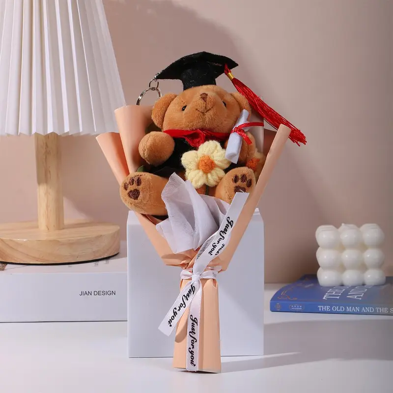 Cute Bear Design Graduation Themed Bouquet, 1 Count Handmade Woven Flower Bouquet, Home Decor for Graduation Party, Valentine's Day Gift Idea 3
