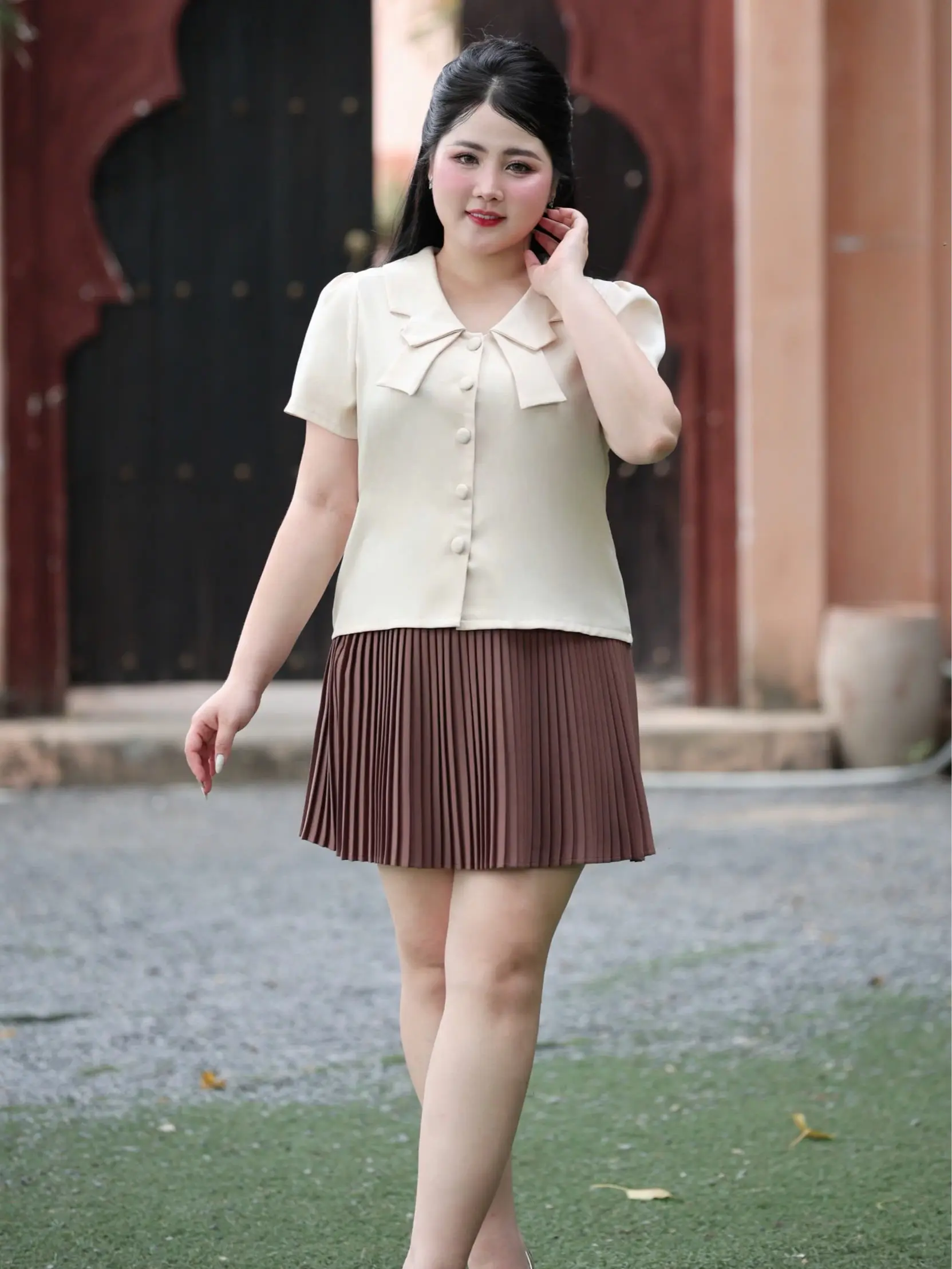 ÁO CỔ NƠ NÚT BỌC FORM XUÔNG BIGSIZE 50-130KG Nữ Women Top CT23-190