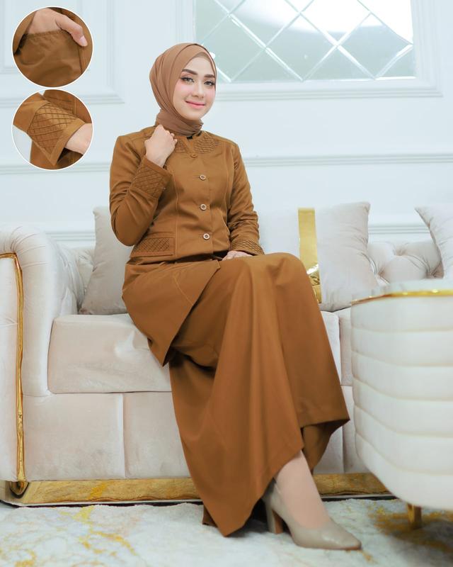 Seragam Kerja Tunik Stik Kotak Blazer Khaki Tua Setelan Rok Span/Rok.A/Celana Panjang/Atasan Saja Katun Free Hijab Putih Wanita 5