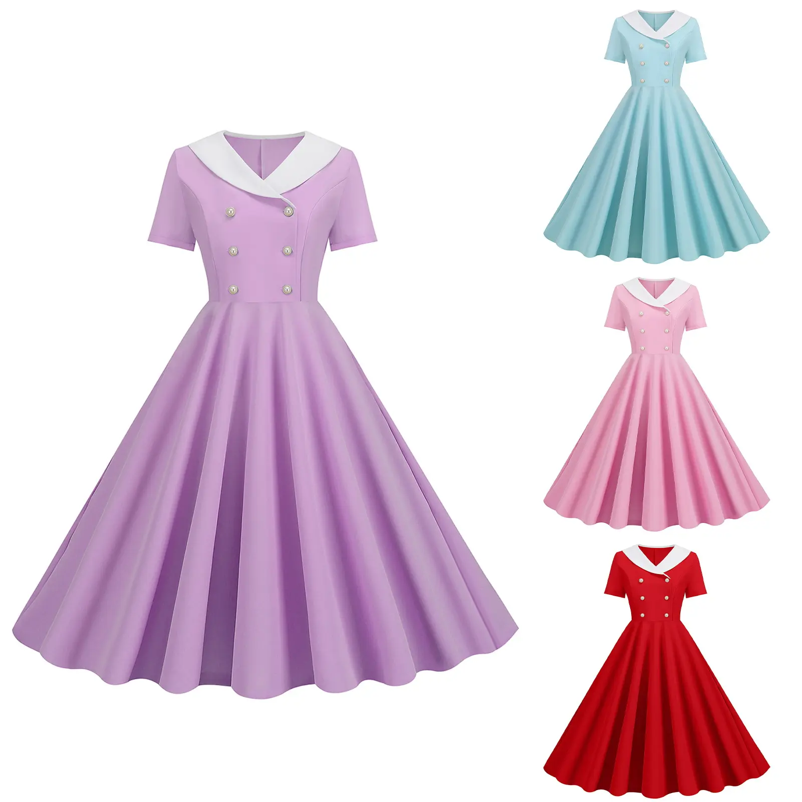 [DU]Women Prom Party Dress Vinatge 50s Evening Dress A-line Big Swing Short Sleeve V Neck Button Decor Fake Double-breasted Hidded Zipper Solid Color Lady Midi Dress