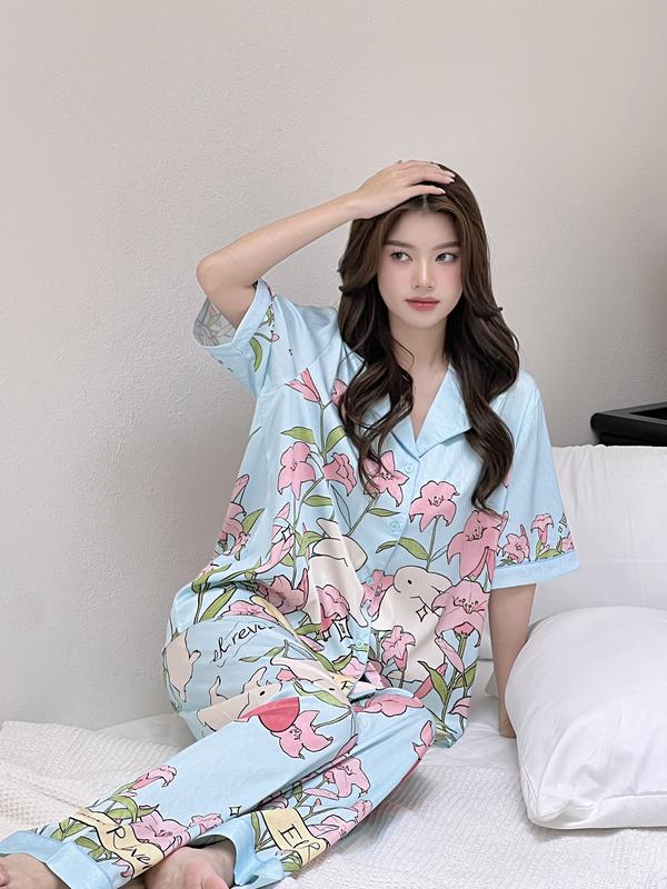 EL.RÊVER - Bộ Pyjama lụa hoạ tiết El.rever  ngắn tay - màu xanh - 0723S98
