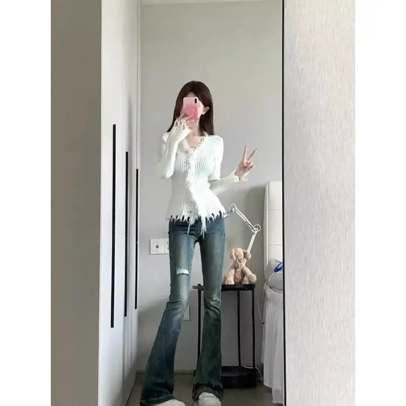 Đồ Len Cho Nữ, Cổ Chữ V Nhẹ Nhàng, Có Burr Và Tua Rua, Áo Cardigan Thanh Lịch, Hàng Mới Về Đầu Mùa Thu, Áo Lớp Cơ Sở 3