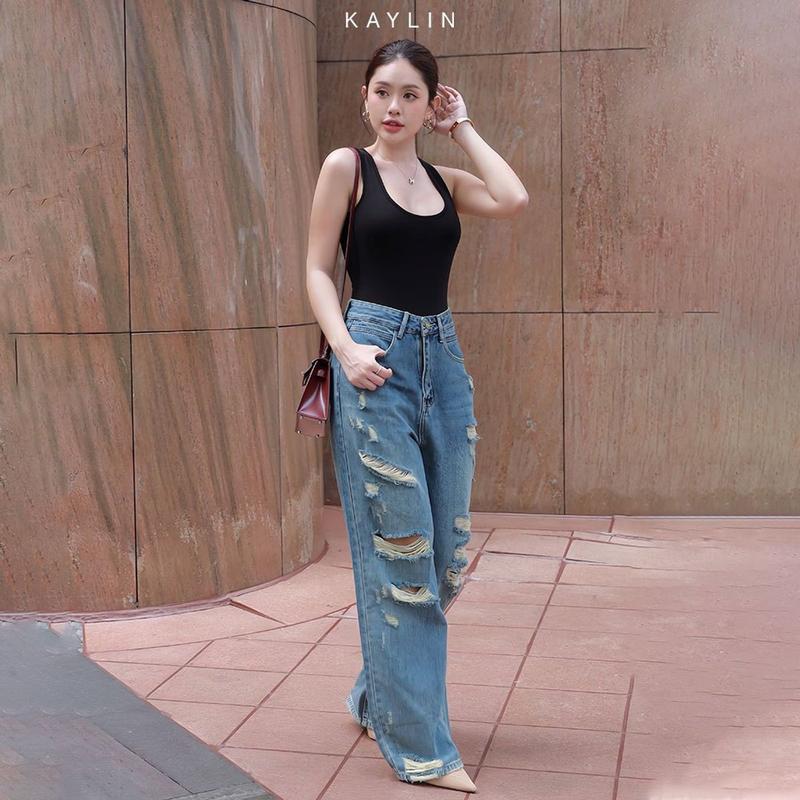 Quần Jean KAYLIN form suông rách gối chất vải denim dầy dặn phong cách đường phố cá tính - N2226 Nữ Women Pants