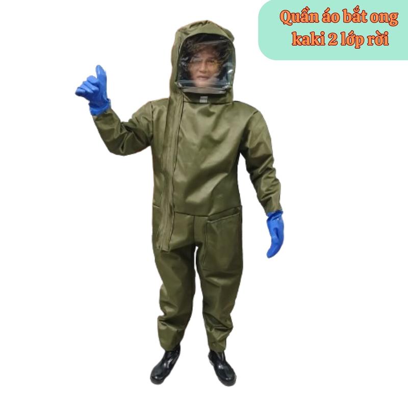 Bộ quần áo bắt ong rừng vải kaki 2 lớp dày an toàn màu xanh rêu