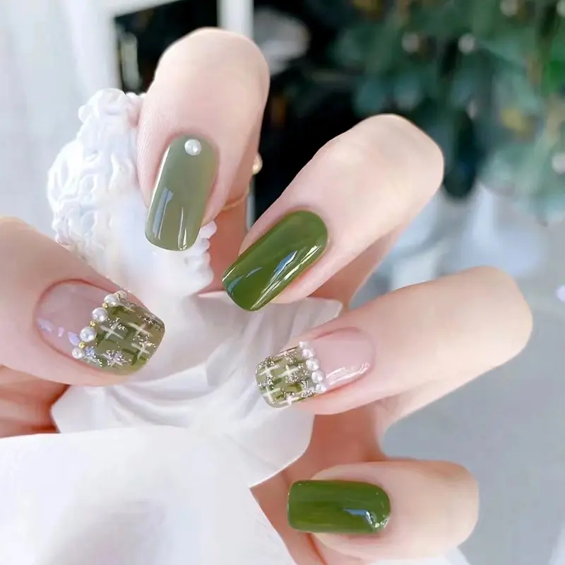 Bộ Móng Tay Giả, Ngọc Trai Xanh Lá Cây, 24 Chiếc, Kèm Keo Dán, Bộ Mẹo Nghệ Thuật Làm Móng
