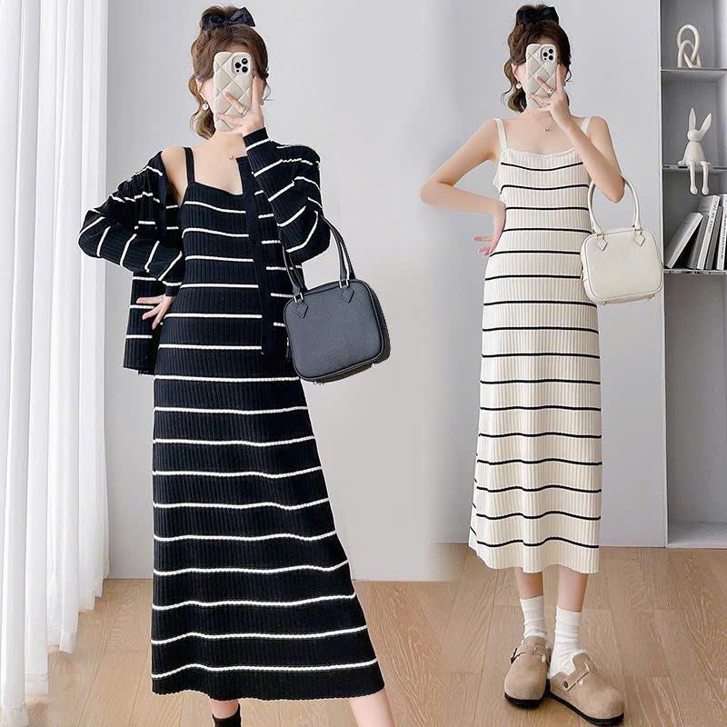 Váy bầu kết hợp sau sinh (V159). Váy len mongtoghi đanh mịn.set gồm 2 chi tiết váy 2 dây và áo khoác  mỏng ngoài  sẹc si