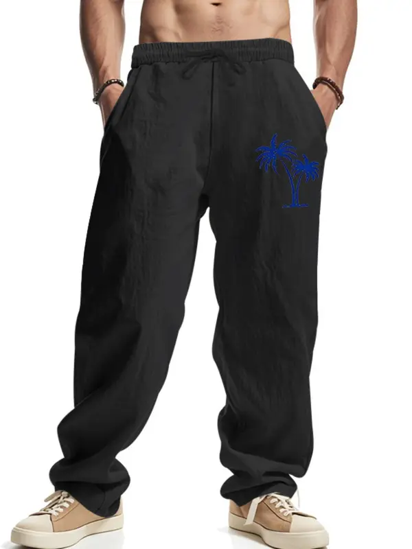 Men's Coconut Tree Print Linen Pants, Regular Fit Casual Comfy Breathable Wide Leg Trousers for Beach Vacation Holiday, Men's Bottoms for Summer, Menswear 2