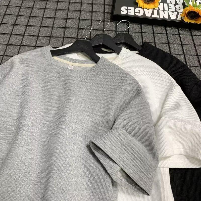 Product Introduction of M-8XL Korean Basic Waffle Oversize Top Men Casual Loose Plain Short Sleeve Plus Size T Shirt 2