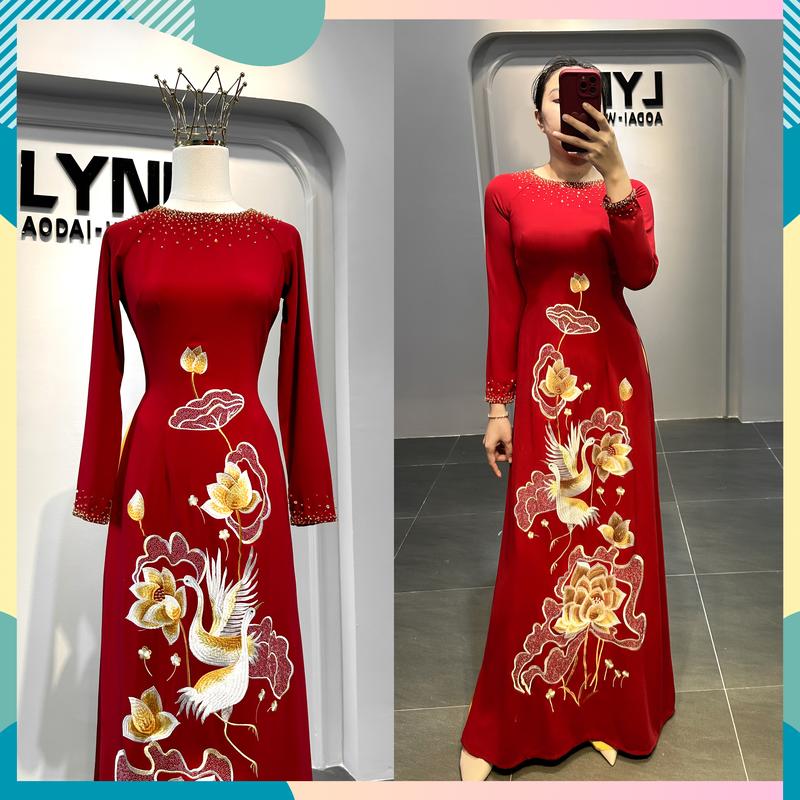 Áo dài Mẹ cô dâu thêu hoa sen Cổ Tròn - Áo Dài Lynh Voi Women Voan Dress Áo Cưới Váy Cưới