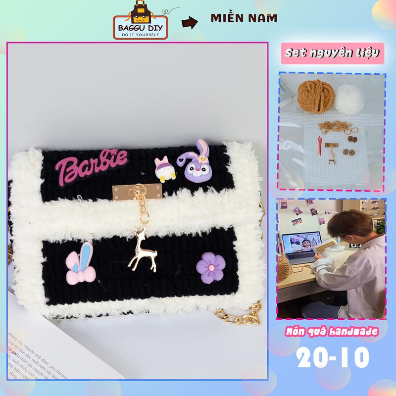 Set Nguyên Liệu Tự Đan Len Handmade, Set Phụ Kiện Tự Làm Túi GẮN KÈM CHARM Đa Dạng Màu Sắc, Đầy Đủ Nguyên Liệu, Kèm Video Hướng Dẫn - BAGGU DIY A06 Nữ Tote Kem