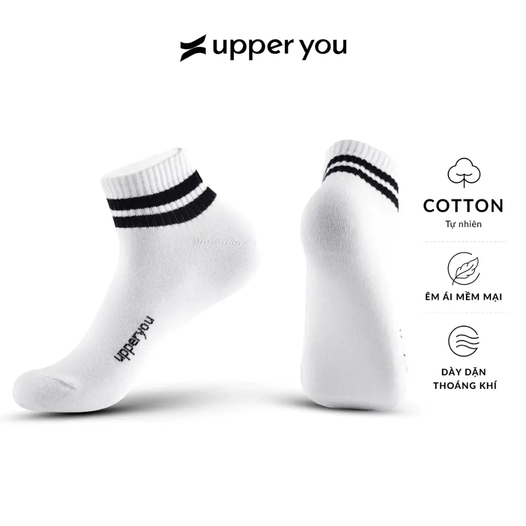 Tất Vớ Nam Nữ Cổ Ngắn UPPER YOU Cotton Tự Nhiên Kẻ Sọc Thời Trang 2 Màu Đen Trắng Dày Dặn Êm Ái Thoáng Khí Khử Mùi - BSF2002