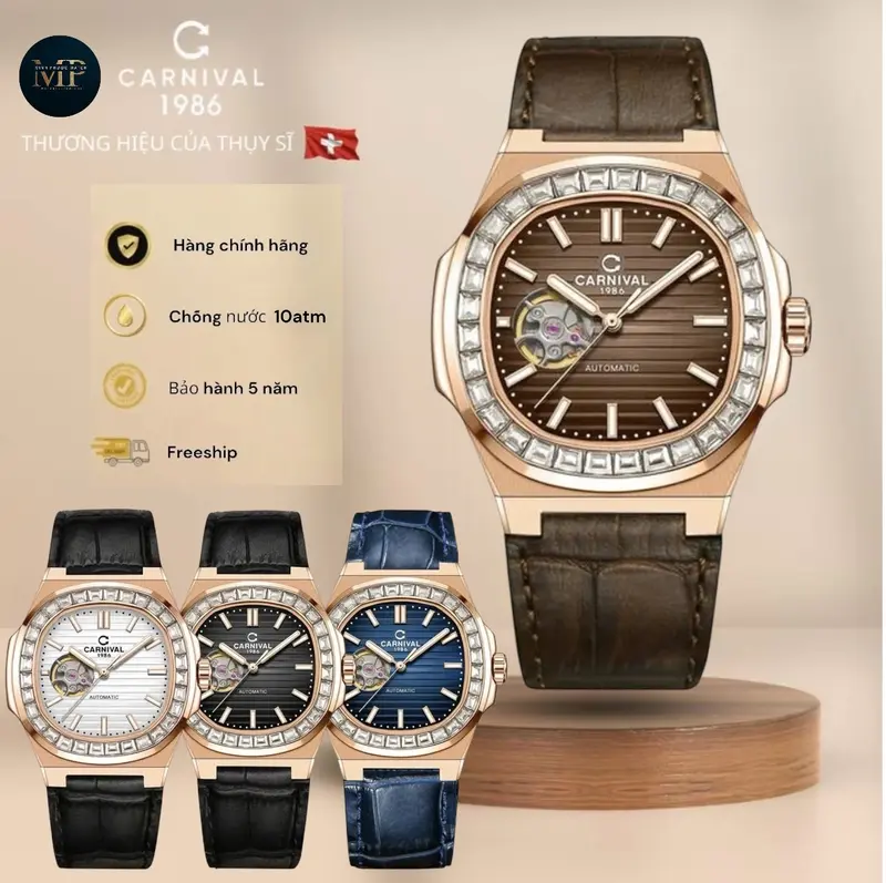 Đồng hồ nam Carnival 8128G  automatic lộ tym niềng dá vàng dây da sang trọng [ MPWatch - Bảo hành 5 năm ] 0