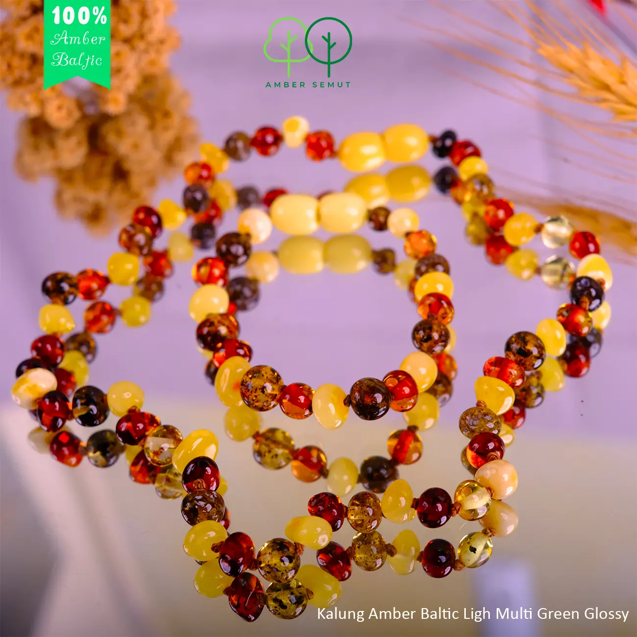 AMBER SEMUT - Kalung Amber Baltic untuk Bayi, Balita dan Anak Light Multi Green [Free Gelang]