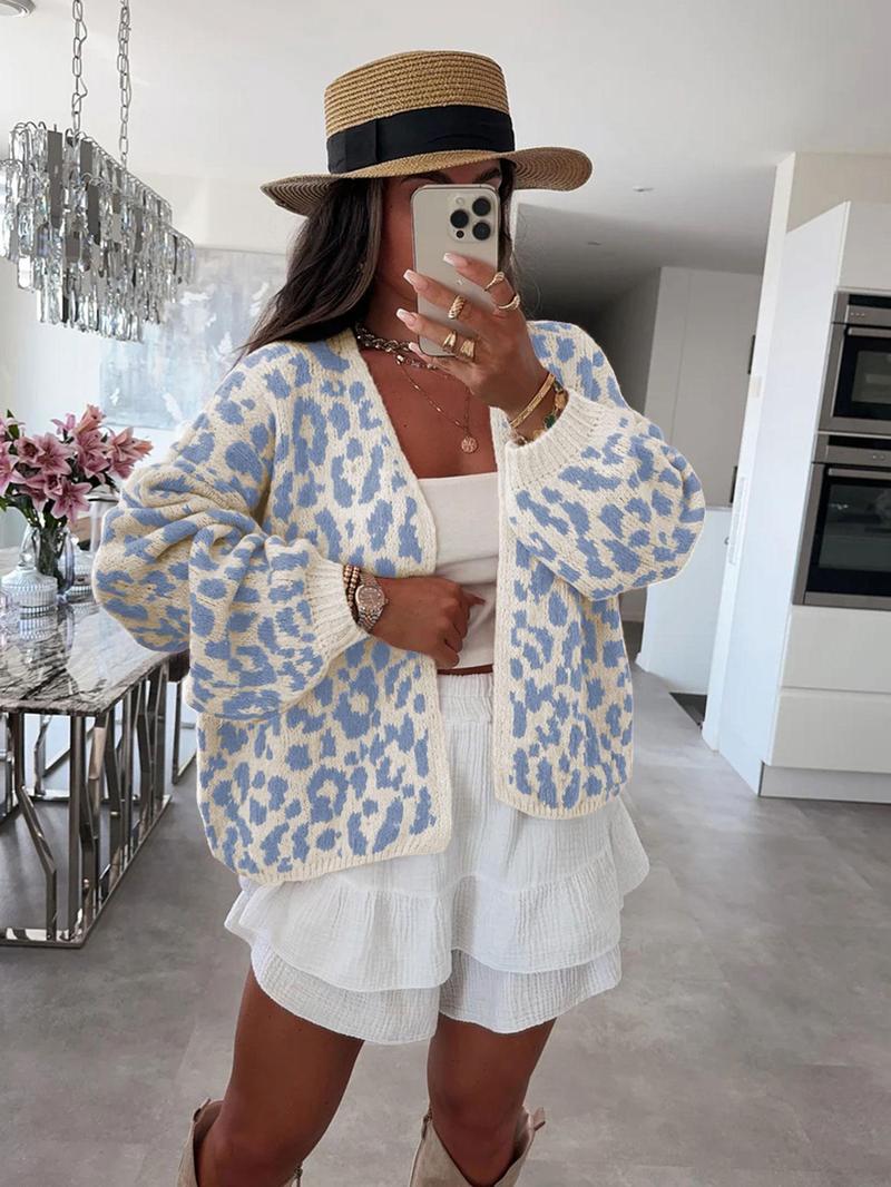 Product Introduction of Women's Colorblock Leopard Drop Shoulder Cardigan, Casual Long Sleeve Open Front Knitwear for Fall & Winter, Fashion Women's Knit Clothing for Daily Wear 7