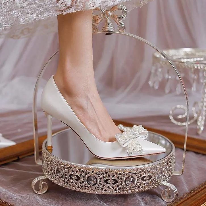 Giày cao gót nữ giày nơ đính ngọc gót nhọn 9cm và 7cm Shoes giày cưới giày  caogót 3