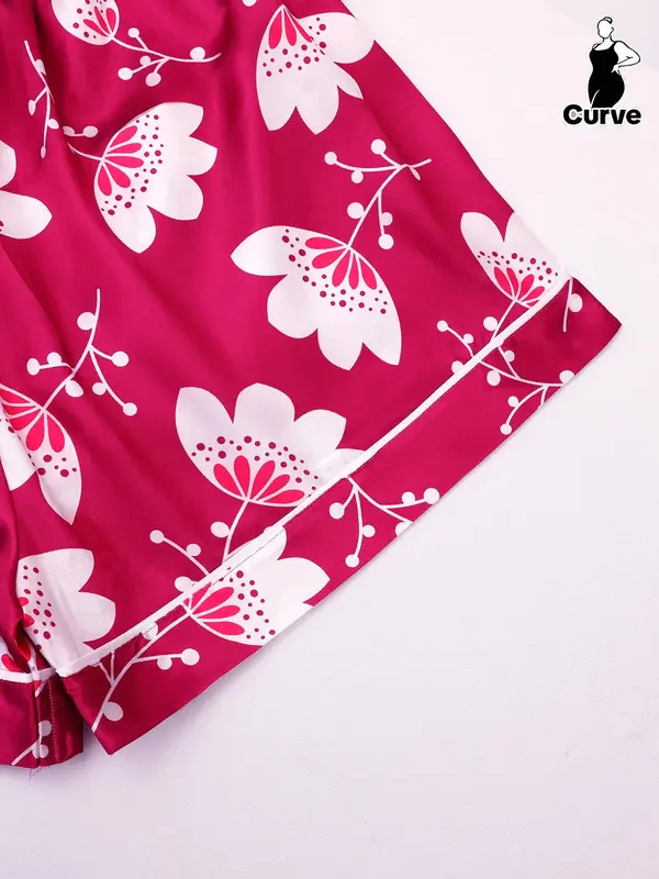 【Plus Size】 Floral Print Lapel Neck Top & Shorts Pyjama Two-piece Set, Elegant Comfy Short Sleeve Top & Shorts PJ Set, Women's Sleepwear for All Seasons, Loungewear 3