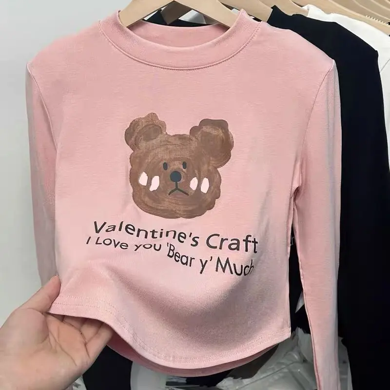 Áo Lớp Nền Cotton Nguyên Chất, Phong Cách Hàn Quốc, Phong Cách Phương Tây, Phổ Biến, In Hình Gấu, Thích Hợp Cho Bé Gái, Áo Phông Lớp Nền 0