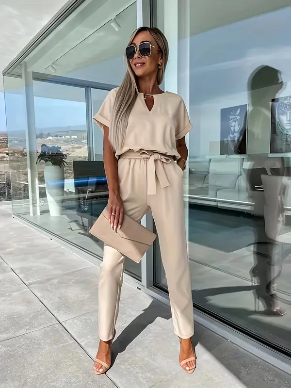 Women's Solid Belted Jumpsuit, Elegant Batwing Sleeve Pocket Jumpsuit for Summer, Fashion Women's Clothes for Daily Wear 0