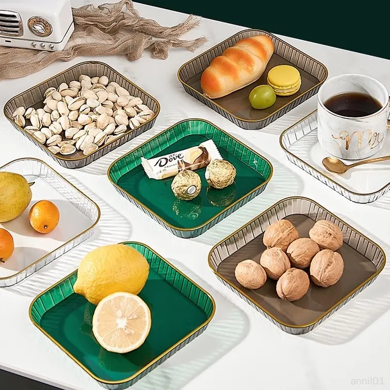 Light Luxury Plastic Snacks Fruit Plate Square Clear Salad Bowl Spit Bone Dish Dry Fruit Dessert Tray Kitchen Tableware